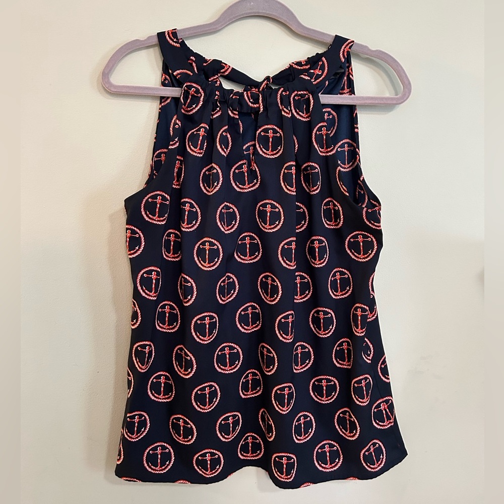 OUTBACK RED Women's Red Anchor Rope Pattern Navy Blue Sleeveless High Neck Med.